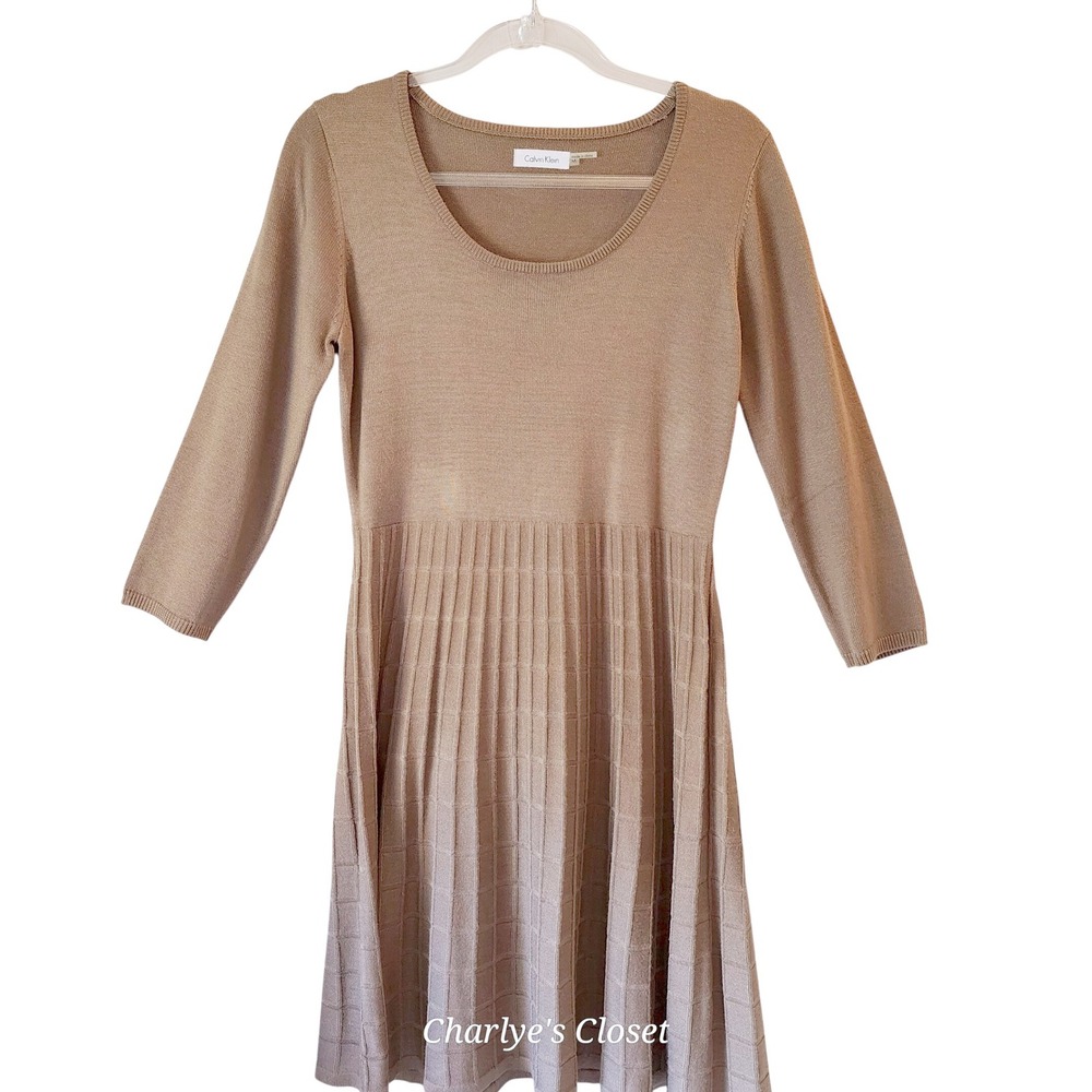 Calvin Klein Knit Drop Waist Tan Check Pleated Midi Sweater Dress M Casual Work